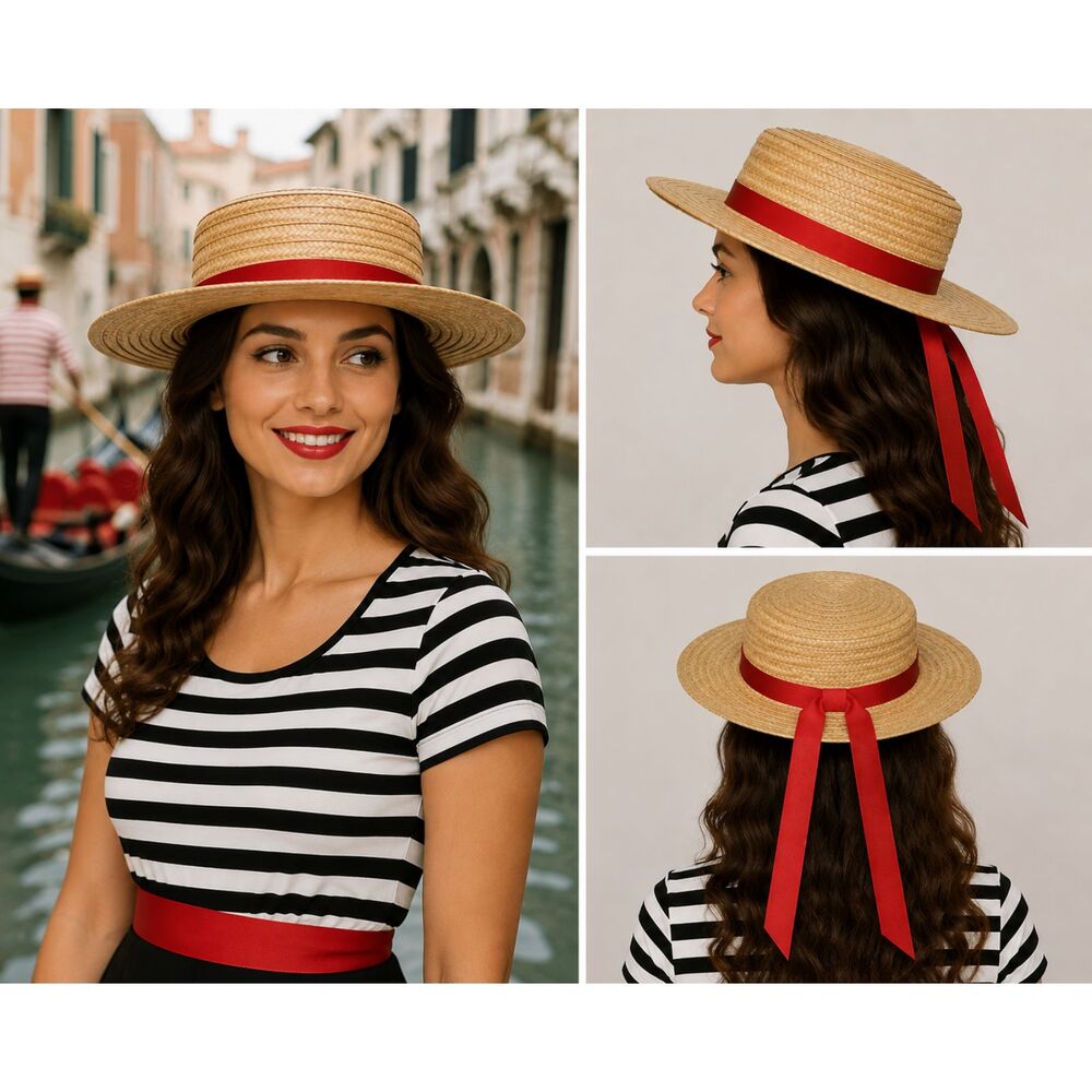 NWT Rubie’s Gondolier Costume Straw Hat Red Ribbon Venetian Italian Boater